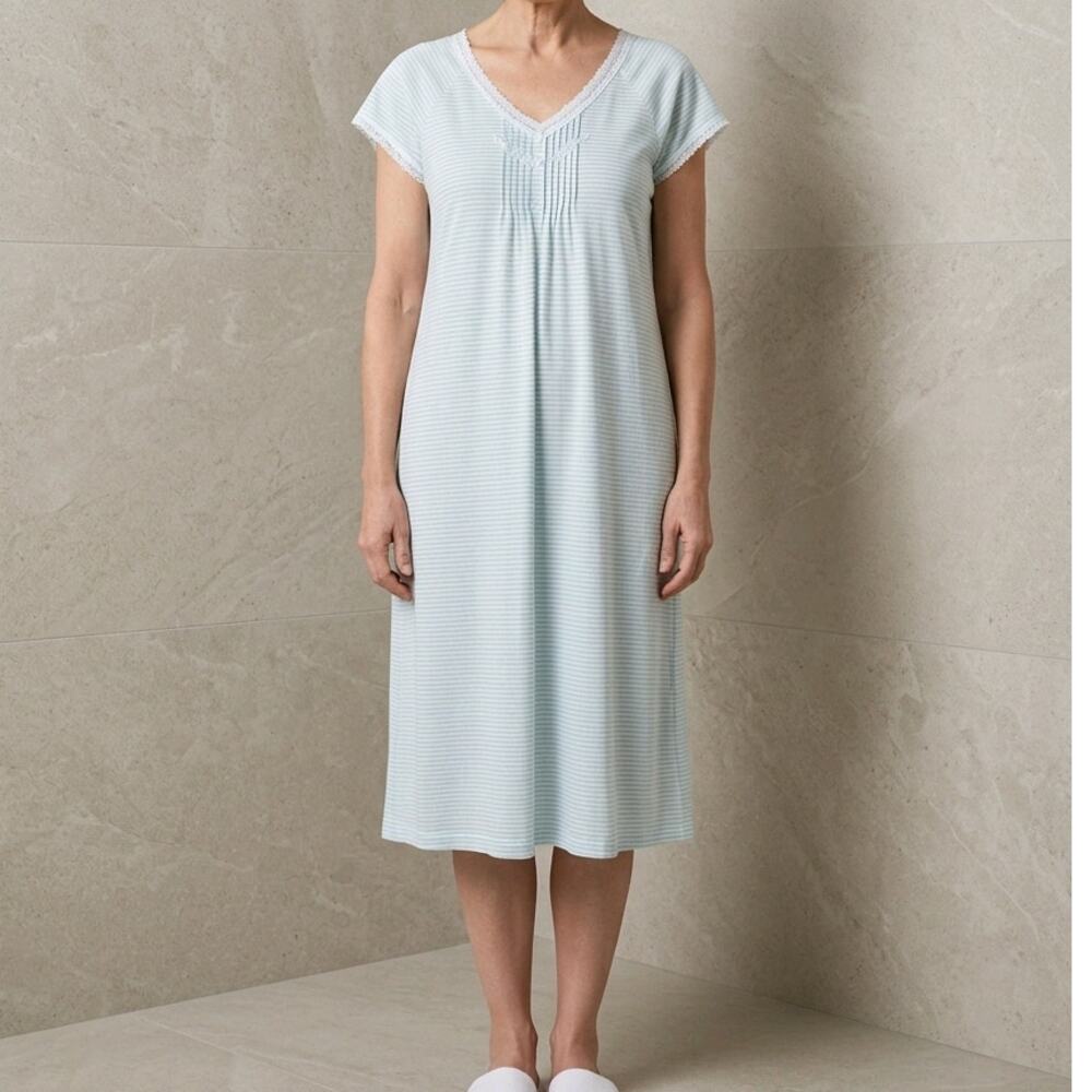 Miss Elaine Women's Medium Blue & White Floral Embroidered Striped  Nightgown